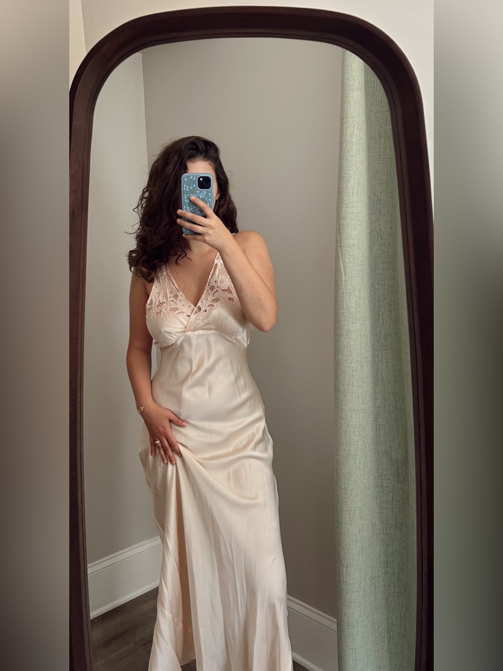 Silk Embroidered Bias Cut Maxi Dress Nightgown Soft Peach - Picture 2 of 11